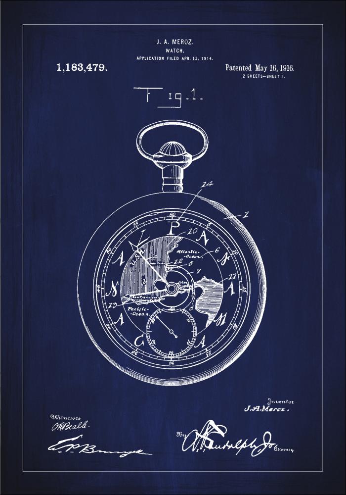 Patentritning - Fickur - Blå Poster