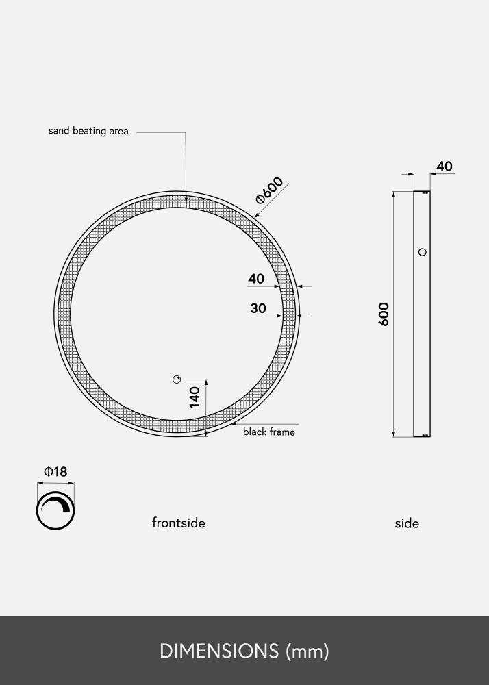 KAILA Spegel Svart LED 60 cm Ø