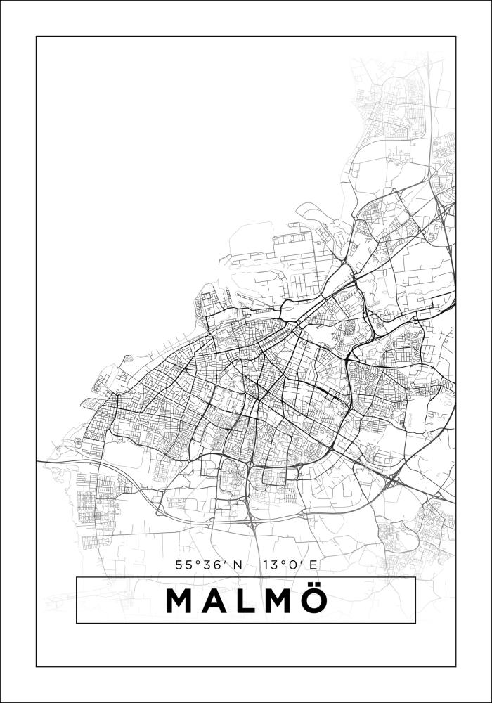 Karta - Malmö - Vit Poster